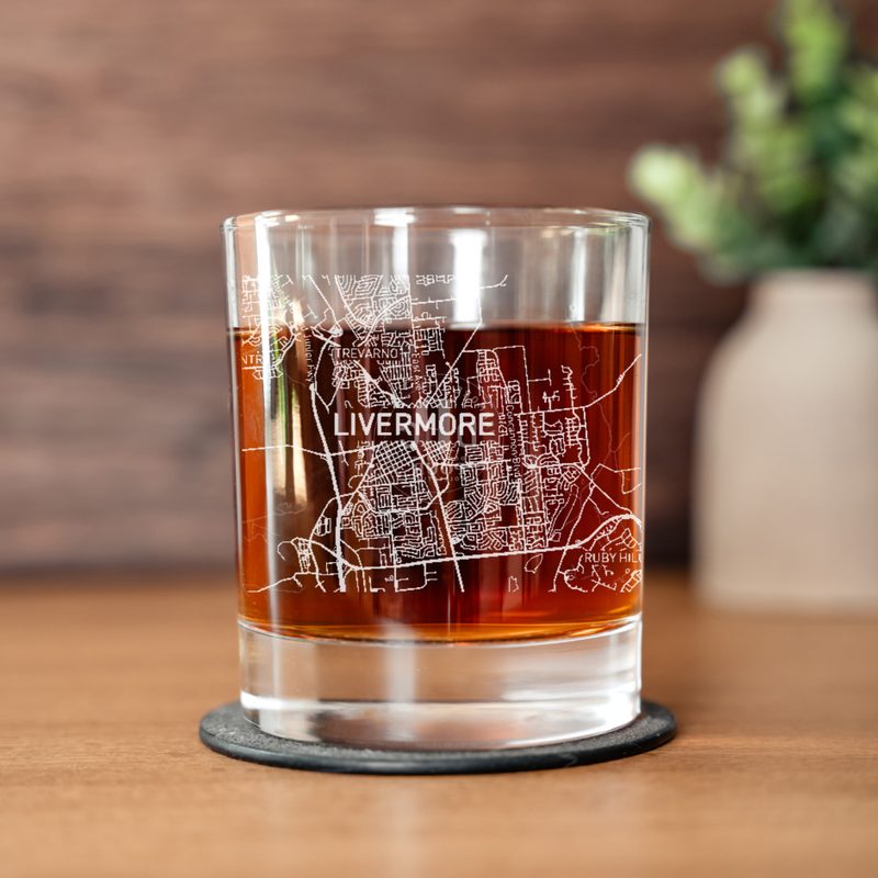 Etched rocks glass showing a detailed map of downtown Livermore